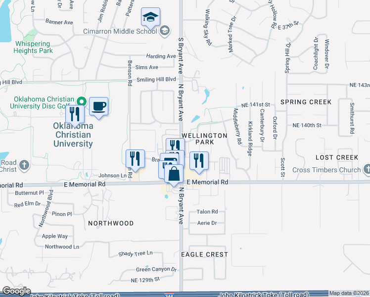 map of restaurants, bars, coffee shops, grocery stores, and more near 13908 Wellsburg Court in Edmond