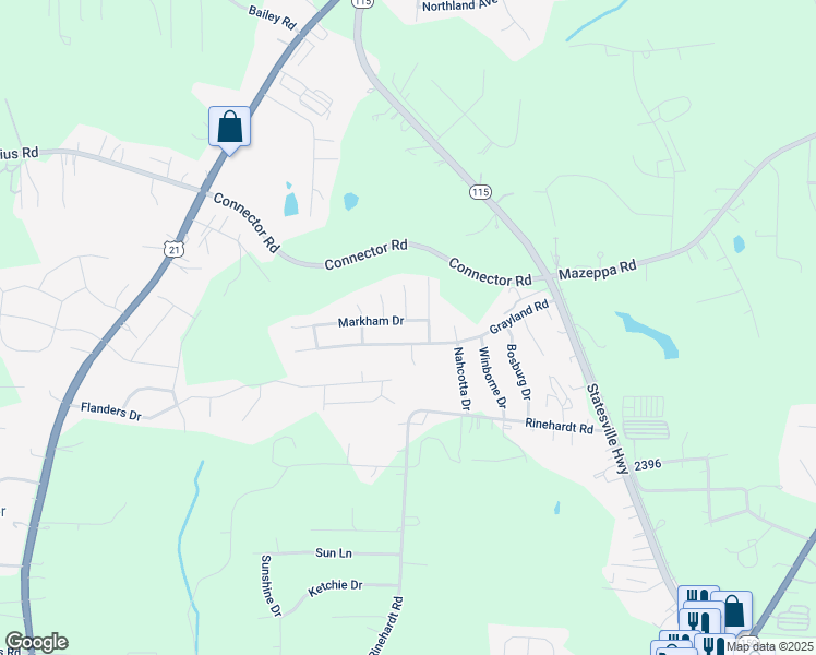 map of restaurants, bars, coffee shops, grocery stores, and more near 115 Markham Drive in Mooresville