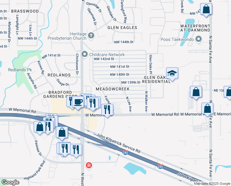 map of restaurants, bars, coffee shops, grocery stores, and more near 716 Northwest 138th Street in Edmond