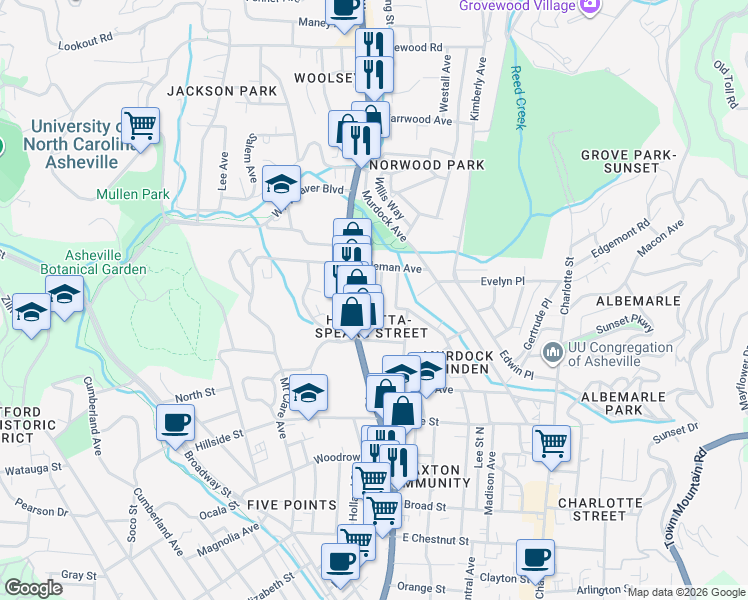 map of restaurants, bars, coffee shops, grocery stores, and more near 42 Austin Avenue in Asheville