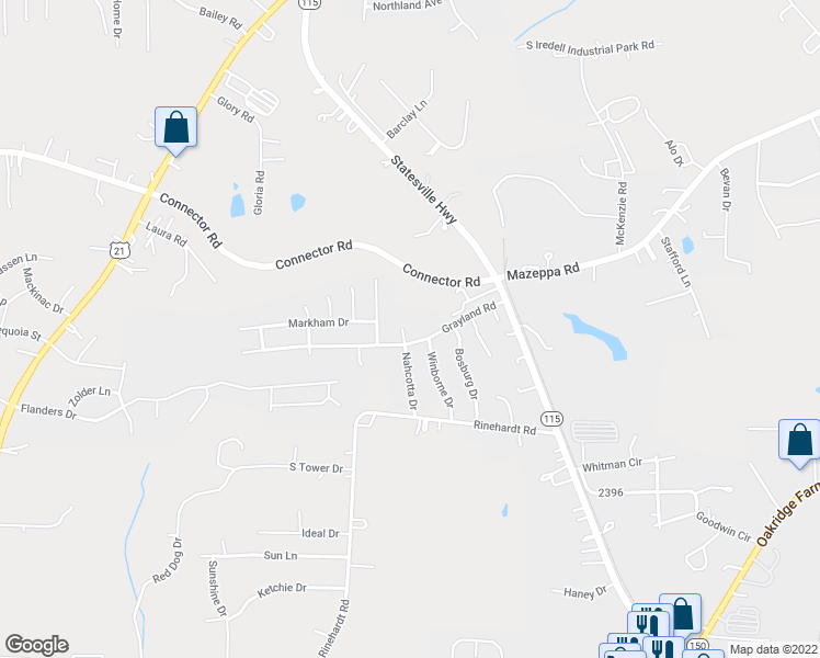 map of restaurants, bars, coffee shops, grocery stores, and more near 162 Nahcotta Drive in Mooresville