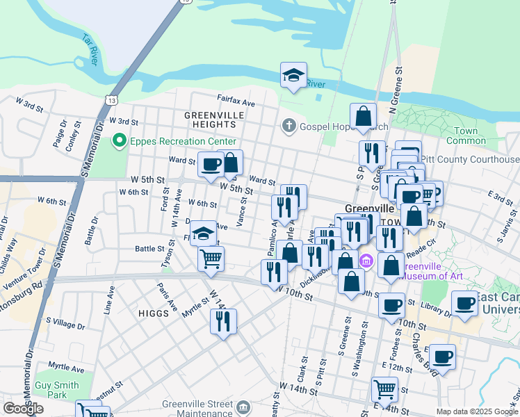 map of restaurants, bars, coffee shops, grocery stores, and more near 503 Contentnea Street in Greenville