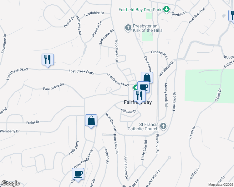 map of restaurants, bars, coffee shops, grocery stores, and more near 122 Shorthaven Lane in Fairfield Bay