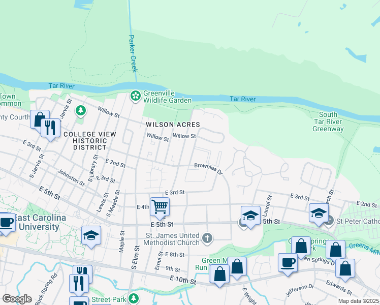 map of restaurants, bars, coffee shops, grocery stores, and more near 107A Wyndham Circle in Greenville