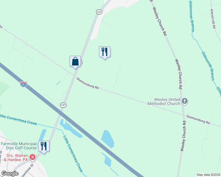 map of restaurants, bars, coffee shops, grocery stores, and more near 6724 Stantonsburg Road in Farmville
