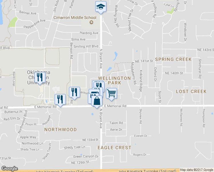 map of restaurants, bars, coffee shops, grocery stores, and more near 13908 Wellsburg Ct in Edmond