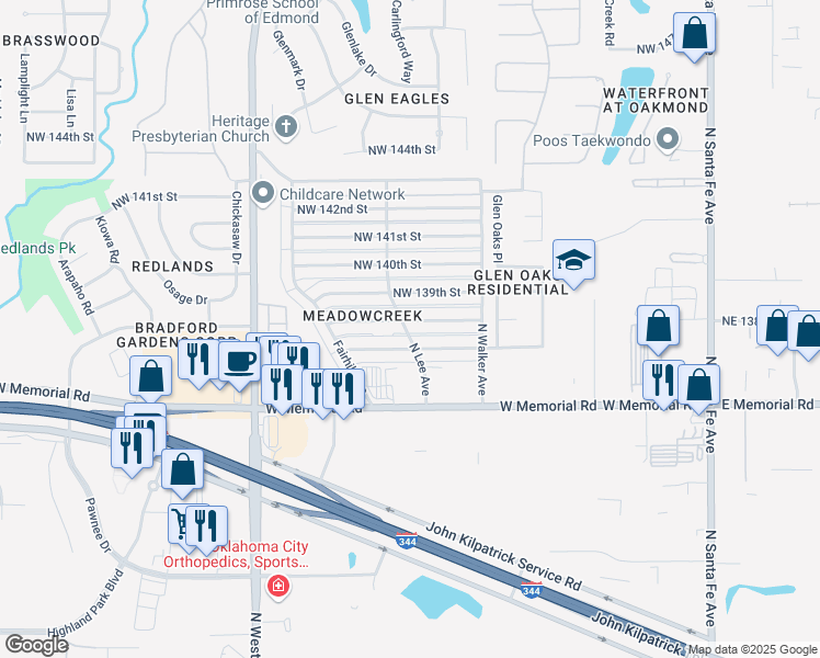 map of restaurants, bars, coffee shops, grocery stores, and more near 620 NW 138th St in Edmond