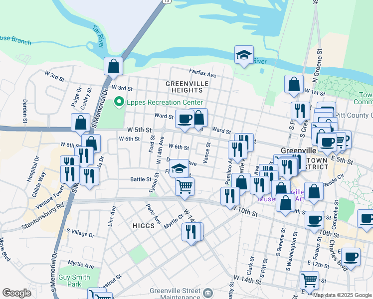 map of restaurants, bars, coffee shops, grocery stores, and more near 1003 West 6th Street in Greenville