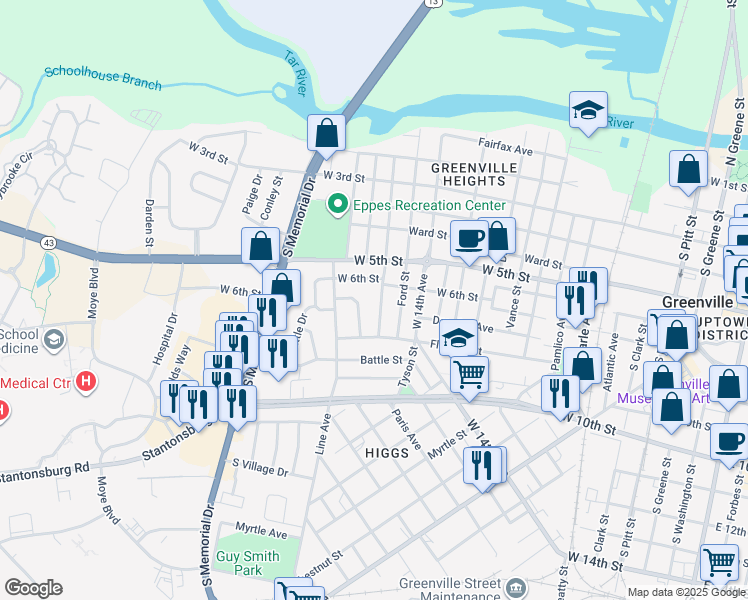 map of restaurants, bars, coffee shops, grocery stores, and more near 716 Vanderbilt Lane in Greenville