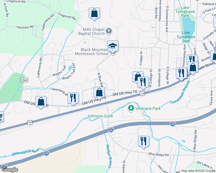 map of restaurants, bars, coffee shops, grocery stores, and more near 108 State Road 2500 in Black Mountain