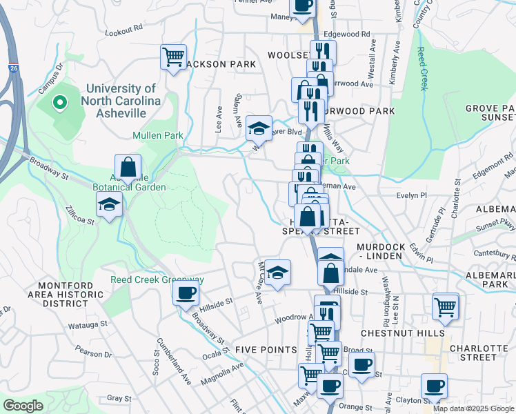 map of restaurants, bars, coffee shops, grocery stores, and more near 165 Coleman Avenue in Asheville