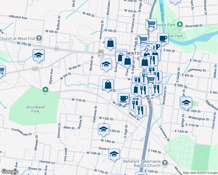 map of restaurants, bars, coffee shops, grocery stores, and more near 1016 School Street in Columbia