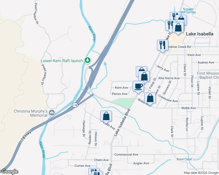 map of restaurants, bars, coffee shops, grocery stores, and more near 2613 Lucerne Way in Lake Isabella