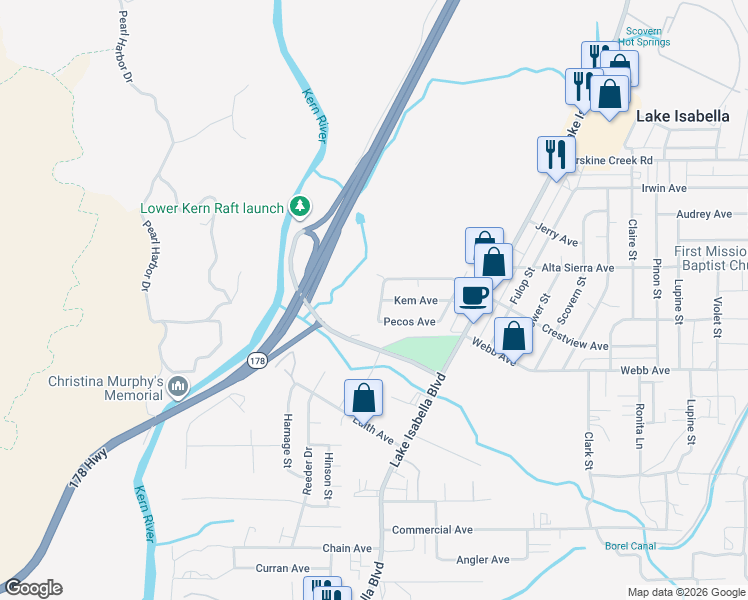 map of restaurants, bars, coffee shops, grocery stores, and more near 2613 Lucerne Way in Lake Isabella