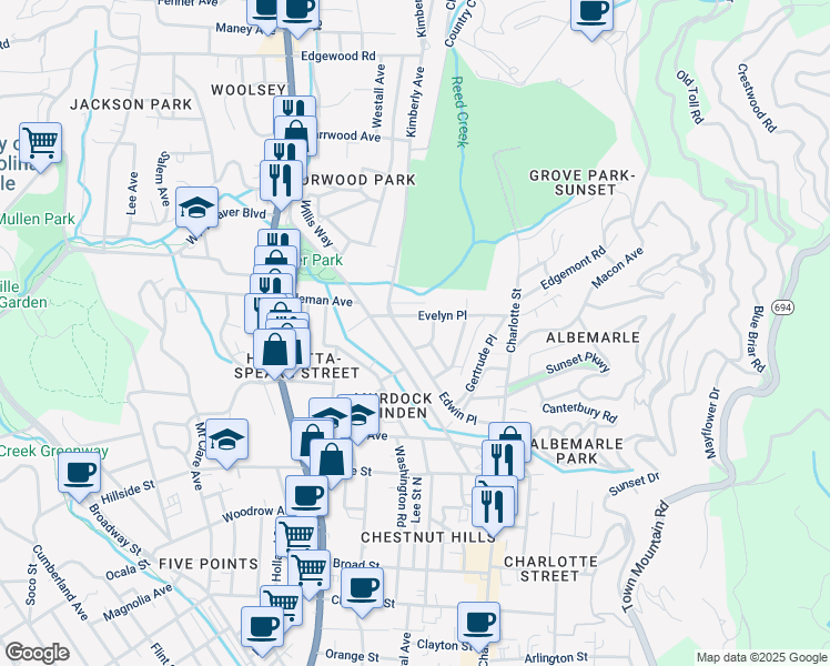 map of restaurants, bars, coffee shops, grocery stores, and more near 123 Edwin Place in Asheville