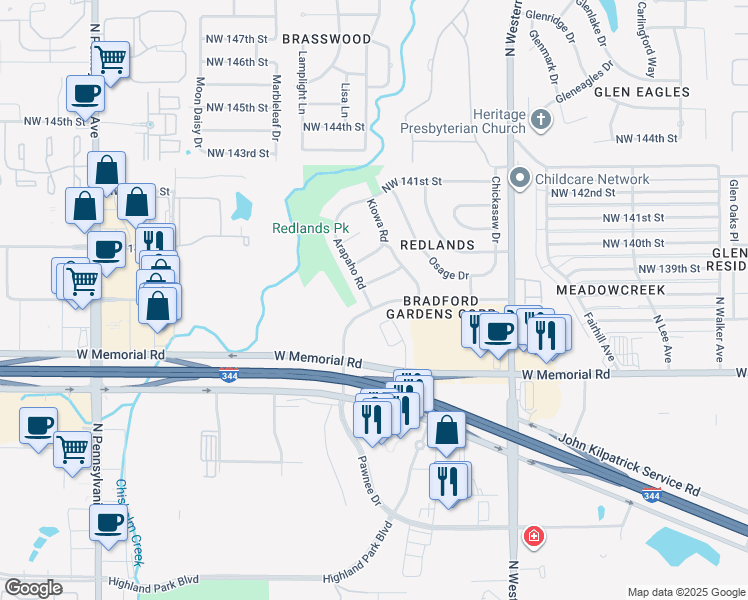 map of restaurants, bars, coffee shops, grocery stores, and more near 1337 Northwest 138th Street in Edmond
