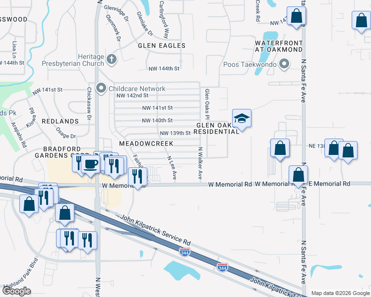 map of restaurants, bars, coffee shops, grocery stores, and more near 520 Northwest 138th Street in Edmond