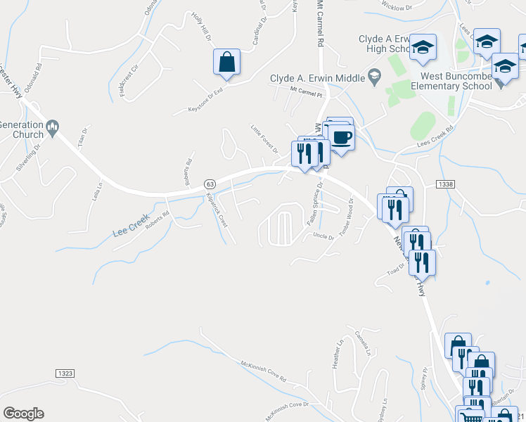 map of restaurants, bars, coffee shops, grocery stores, and more near 222 Christina Court in Asheville