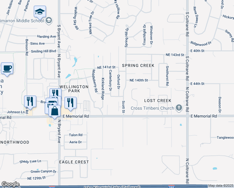 map of restaurants, bars, coffee shops, grocery stores, and more near 13905 Oxford Drive in Edmond
