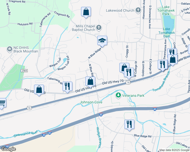 map of restaurants, bars, coffee shops, grocery stores, and more near 108 State Road 2500 in Black Mountain