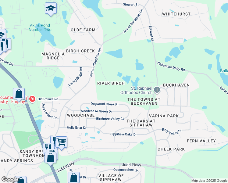 map of restaurants, bars, coffee shops, grocery stores, and more near 116 Birchland Drive in Fuquay-Varina