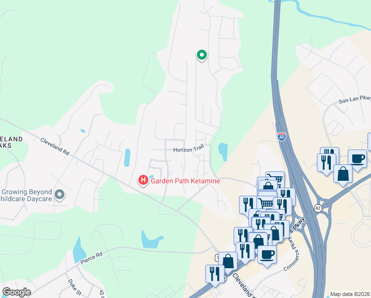 map of restaurants, bars, coffee shops, grocery stores, and more near 138 Horizon Trail in Garner