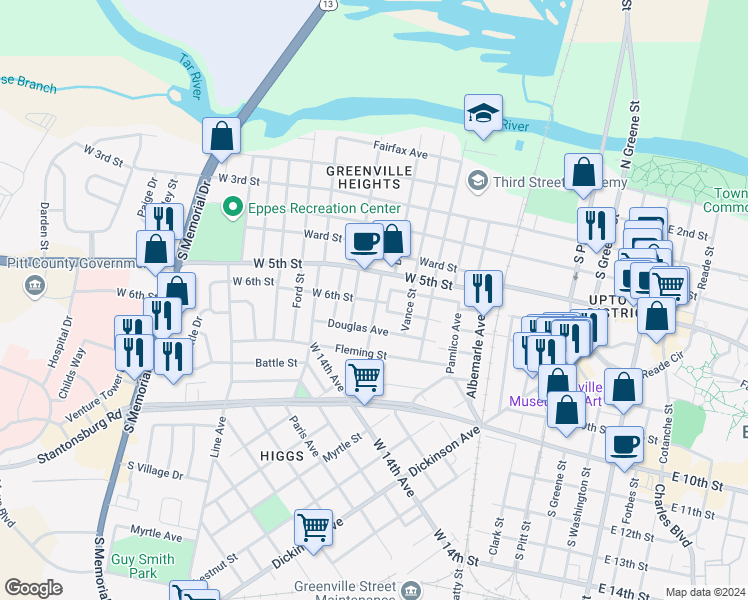 map of restaurants, bars, coffee shops, grocery stores, and more near 1003 West 6th Street in Greenville