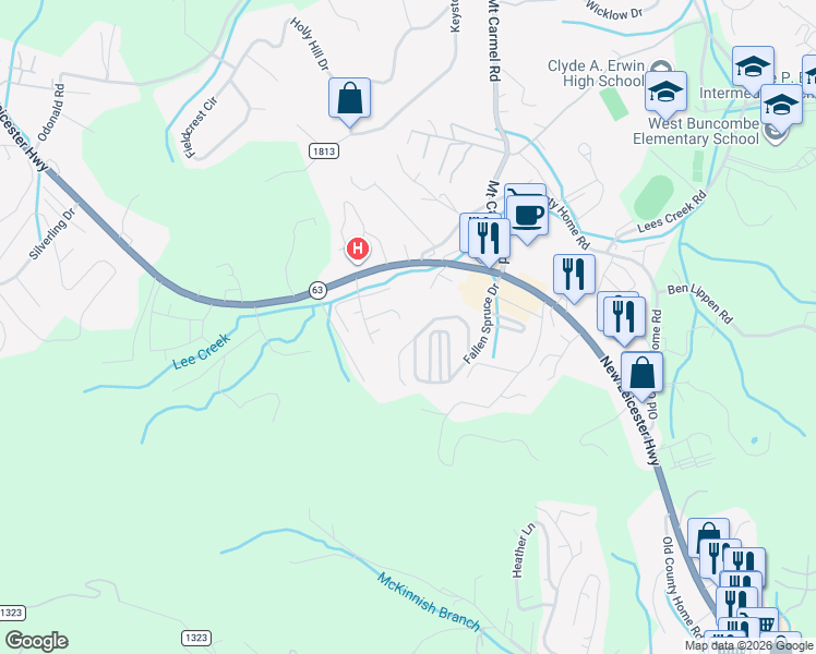 map of restaurants, bars, coffee shops, grocery stores, and more near 222 Christina Court in Asheville