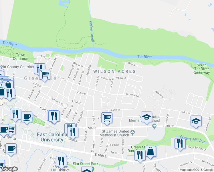 map of restaurants, bars, coffee shops, grocery stores, and more near 104 North Oak Street in Greenville