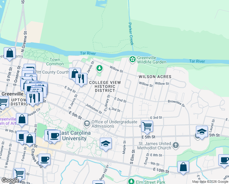 map of restaurants, bars, coffee shops, grocery stores, and more near 1205 East 2nd Street in Greenville