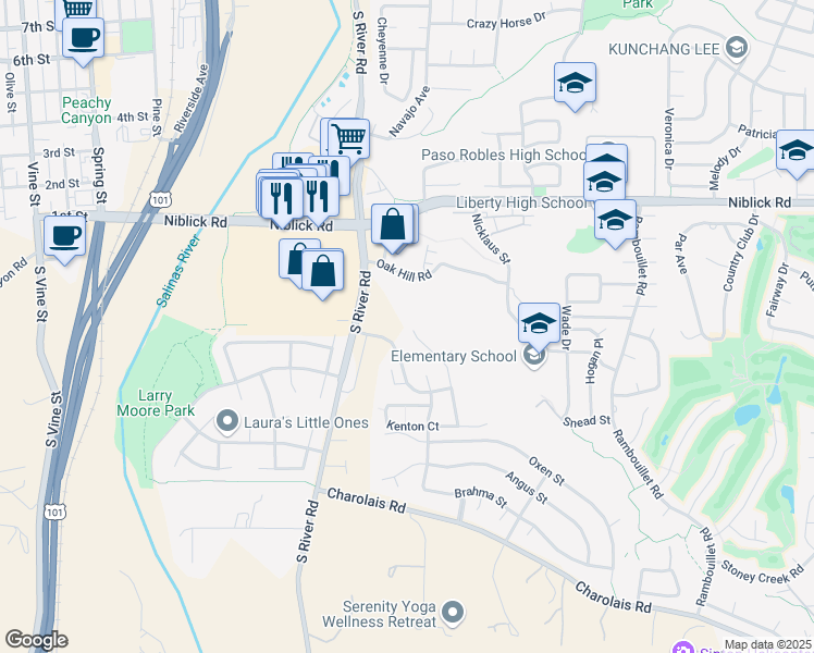 map of restaurants, bars, coffee shops, grocery stores, and more near 1791 Miller Court in Paso Robles