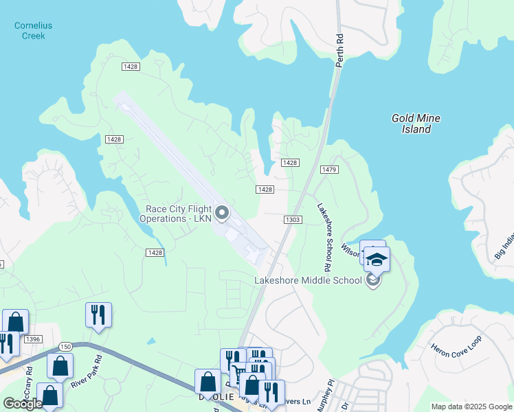map of restaurants, bars, coffee shops, grocery stores, and more near 128 Audrey Lane in Mooresville