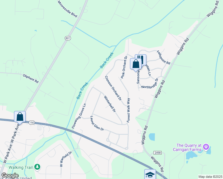 map of restaurants, bars, coffee shops, grocery stores, and more near 157 Crimson Orchard Drive in Mooresville
