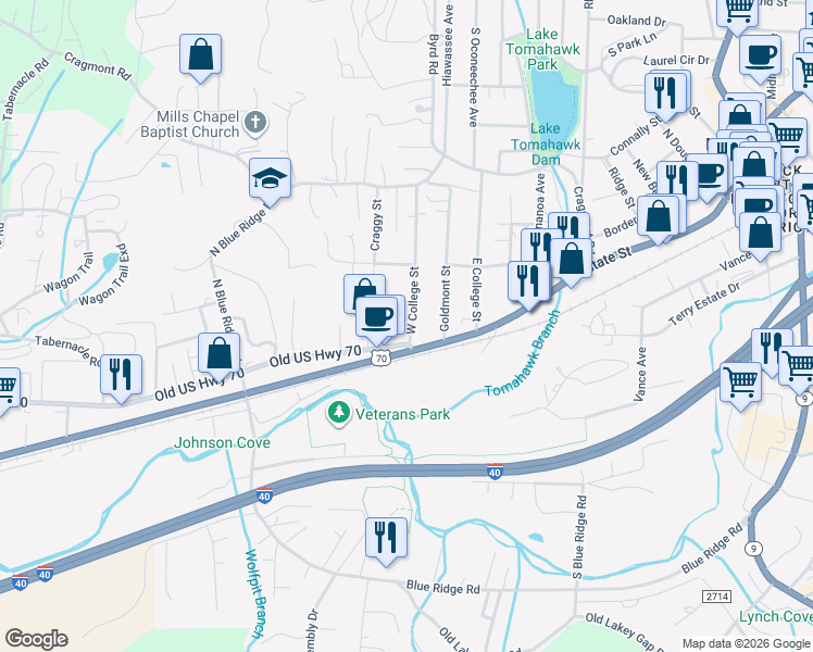 map of restaurants, bars, coffee shops, grocery stores, and more near 105 West College Street in Black Mountain