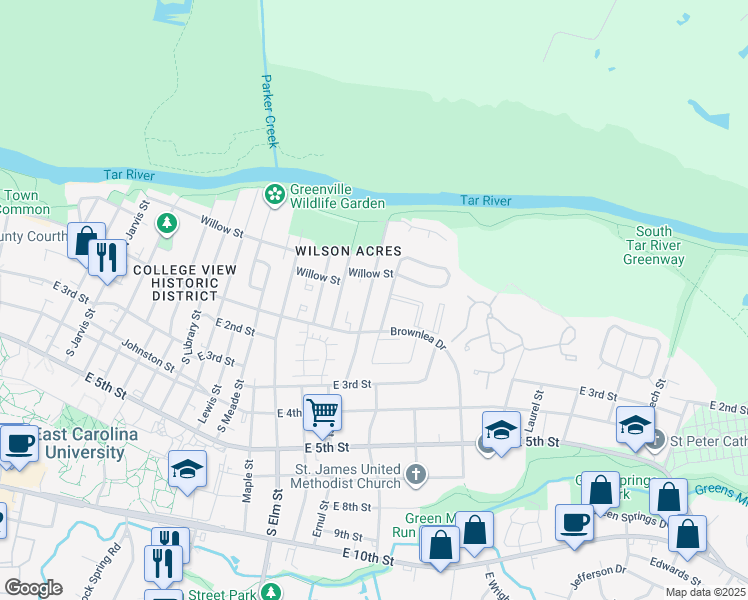 map of restaurants, bars, coffee shops, grocery stores, and more near 107A Wyndham Circle in Greenville