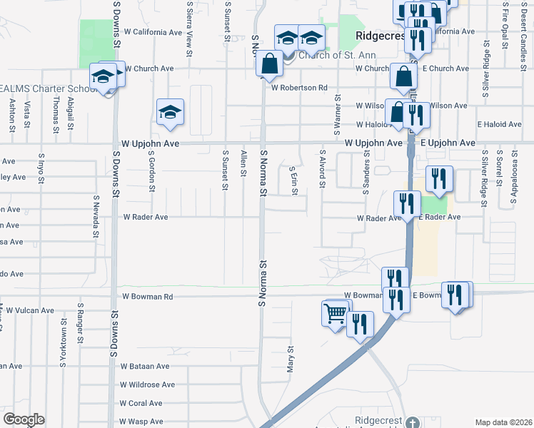 map of restaurants, bars, coffee shops, grocery stores, and more near 501 West Rader Avenue in Ridgecrest