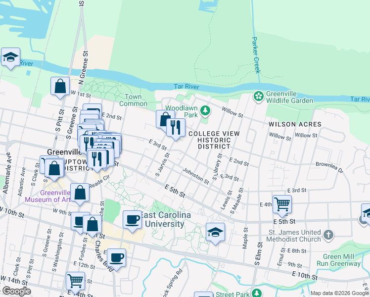 map of restaurants, bars, coffee shops, grocery stores, and more near 118 South Woodlawn Avenue in Greenville