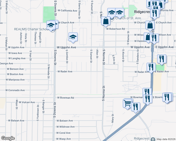 map of restaurants, bars, coffee shops, grocery stores, and more near 632 South Lakeview Court in Ridgecrest