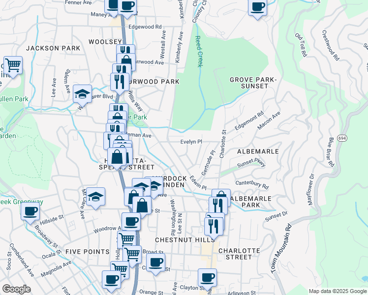 map of restaurants, bars, coffee shops, grocery stores, and more near 28 Katherine Place in Asheville