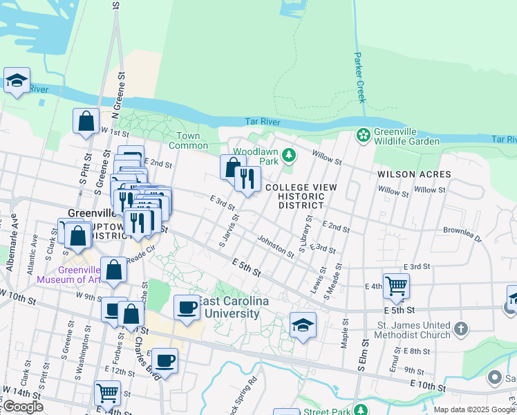 map of restaurants, bars, coffee shops, grocery stores, and more near 704 East 3rd Street in Greenville