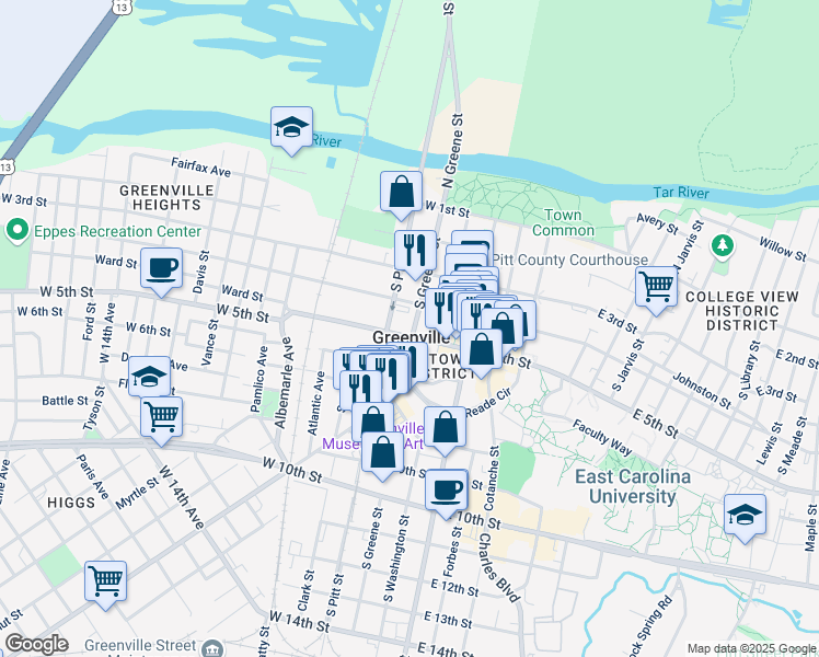 map of restaurants, bars, coffee shops, grocery stores, and more near 500 South Greene Street in Greenville