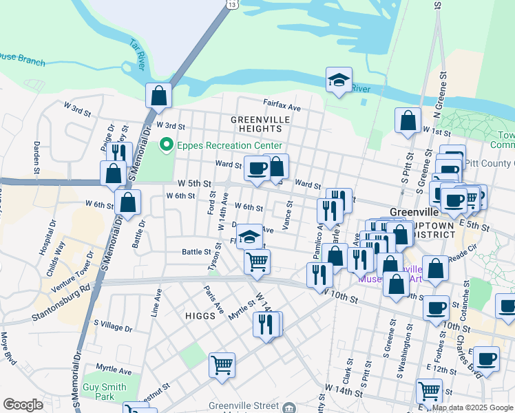 map of restaurants, bars, coffee shops, grocery stores, and more near 1003 West 6th Street in Greenville