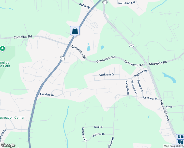 map of restaurants, bars, coffee shops, grocery stores, and more near 192 Markham Drive in Mooresville