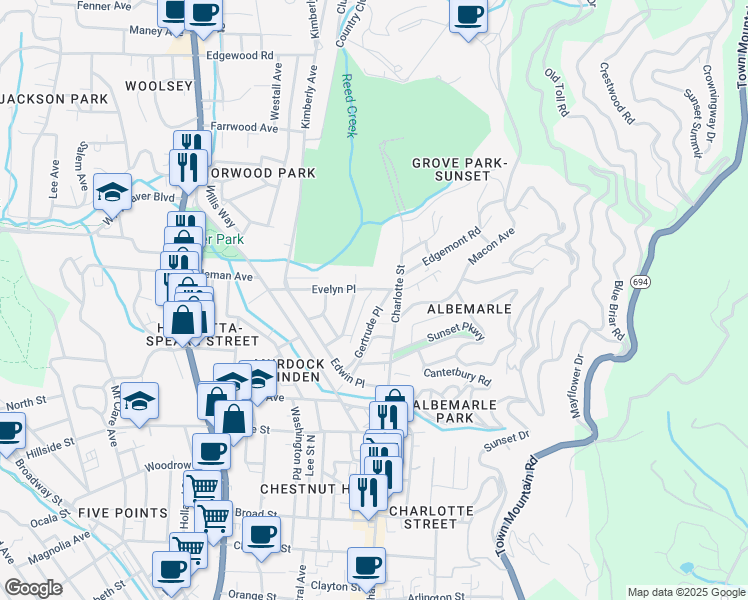 map of restaurants, bars, coffee shops, grocery stores, and more near 76 Gertrude Place in Asheville