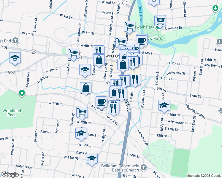 map of restaurants, bars, coffee shops, grocery stores, and more near 1015 South High Street in Columbia