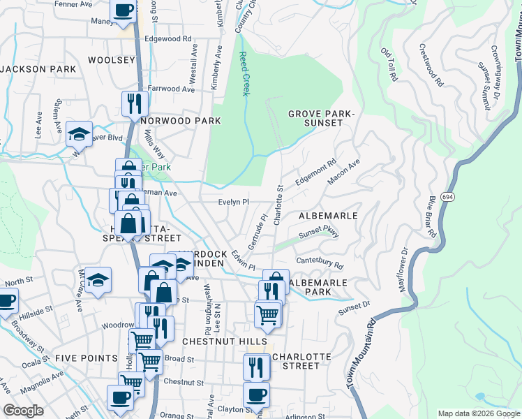 map of restaurants, bars, coffee shops, grocery stores, and more near 76 Gertrude Place in Asheville