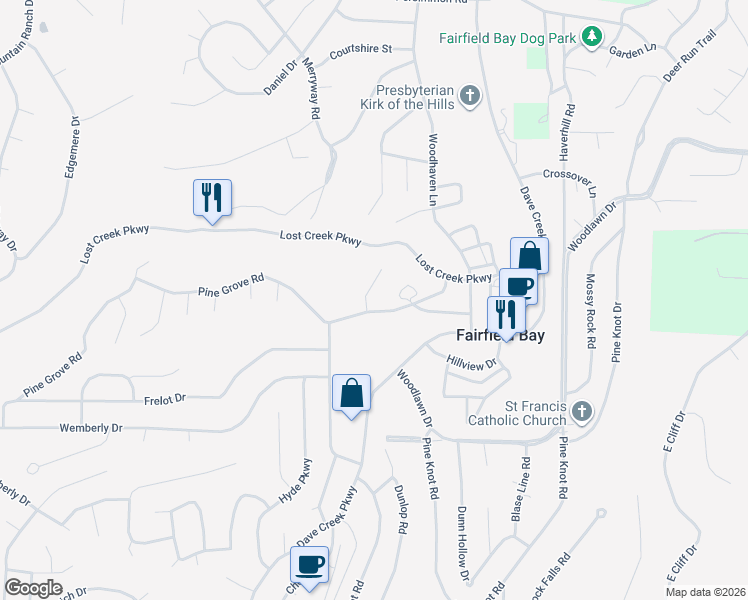 map of restaurants, bars, coffee shops, grocery stores, and more near 127 Richwood Drive in Fairfield Bay