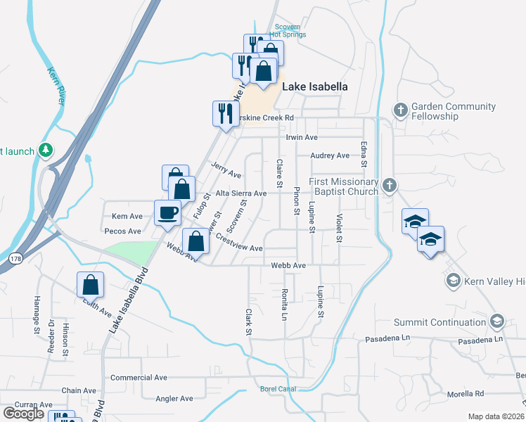 map of restaurants, bars, coffee shops, grocery stores, and more near 2704 Steensen Street in Lake Isabella