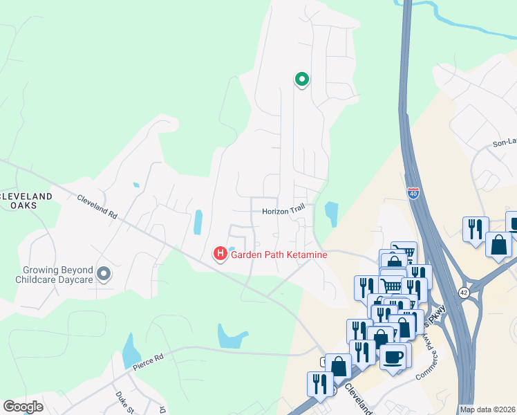 map of restaurants, bars, coffee shops, grocery stores, and more near 25 Horizon Trail in Garner