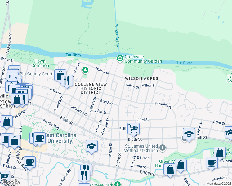 map of restaurants, bars, coffee shops, grocery stores, and more near 102 North Meade Street in Greenville